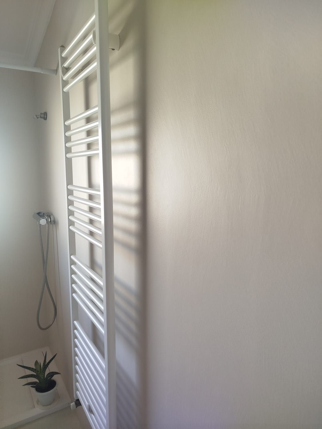 Pared blanca con un radiador toallero blanco alto que proyecta sombras, cerca de una pequeña planta en maceta y una manguera de ducha.