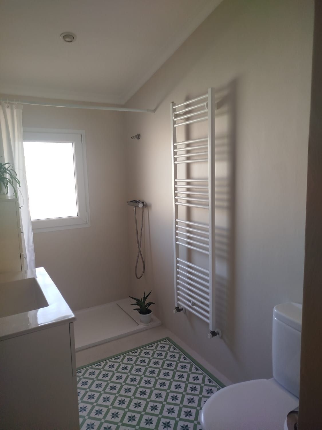 Baño pequeño con radiador toallero blanco, ventana, alfombra estampada y parte del inodoro visible.