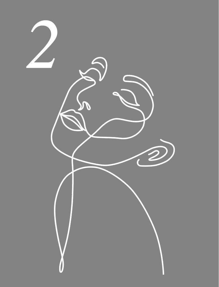 Eine Strichzeichnung eines Frauengesichts mit der Zahl 2 darunter.