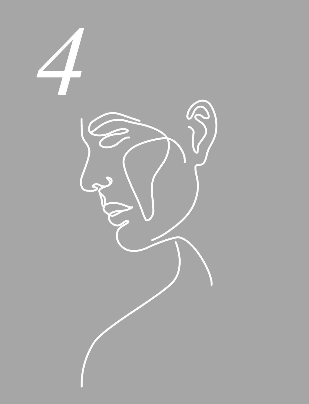 Eine Strichzeichnung eines Frauengesichts mit der Zahl Vier in der Ecke.