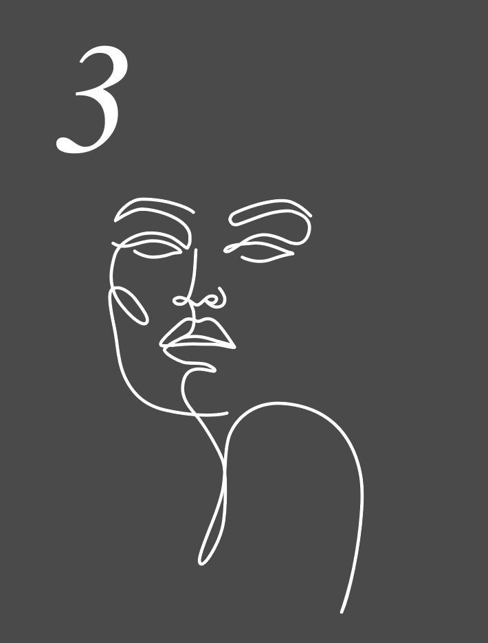 Eine Strichzeichnung eines Frauengesichts mit der Zahl 3 daneben.