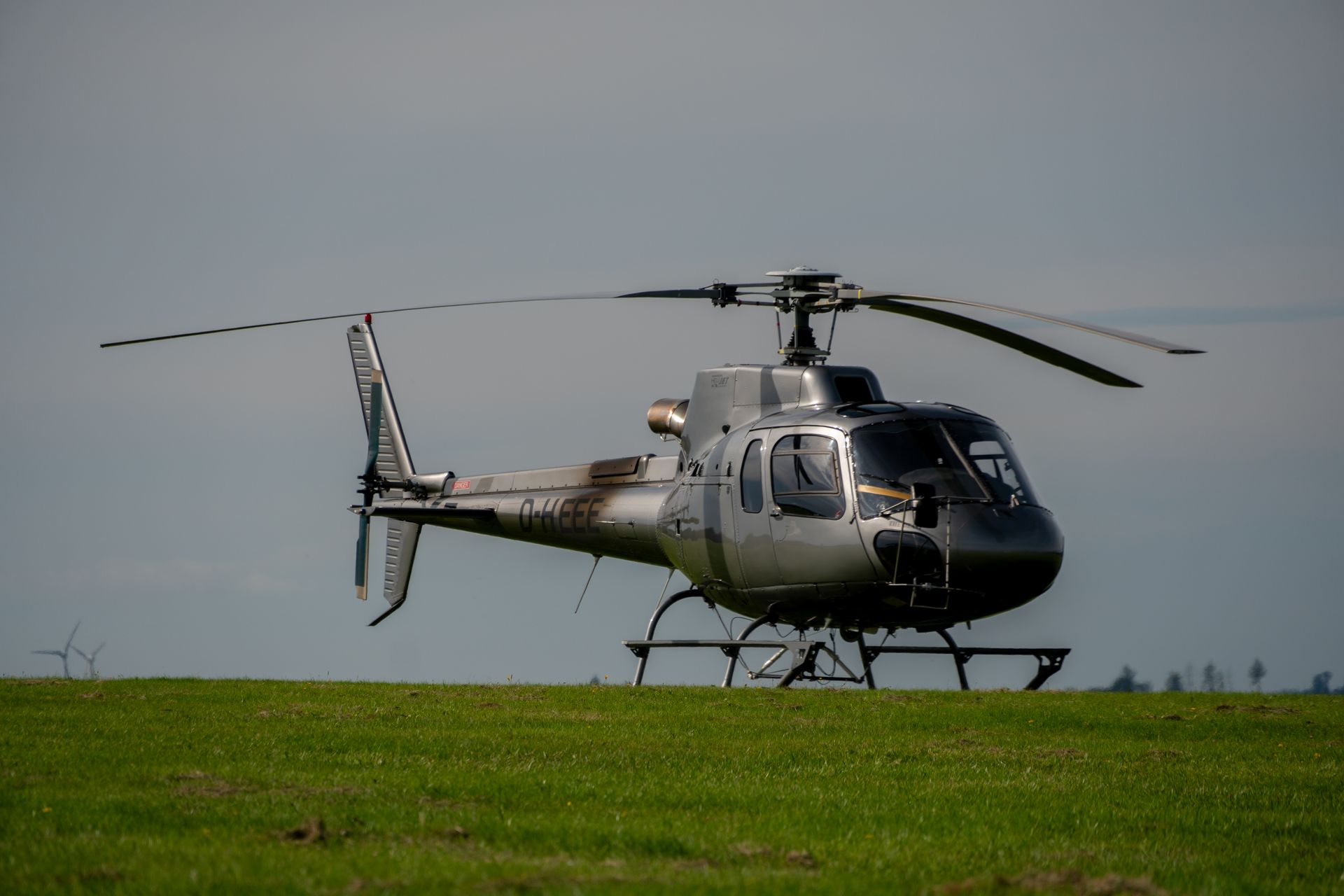 Silberner Hubschrauber auf einem grasbewachsenen Feld unter bewölktem Himmel.