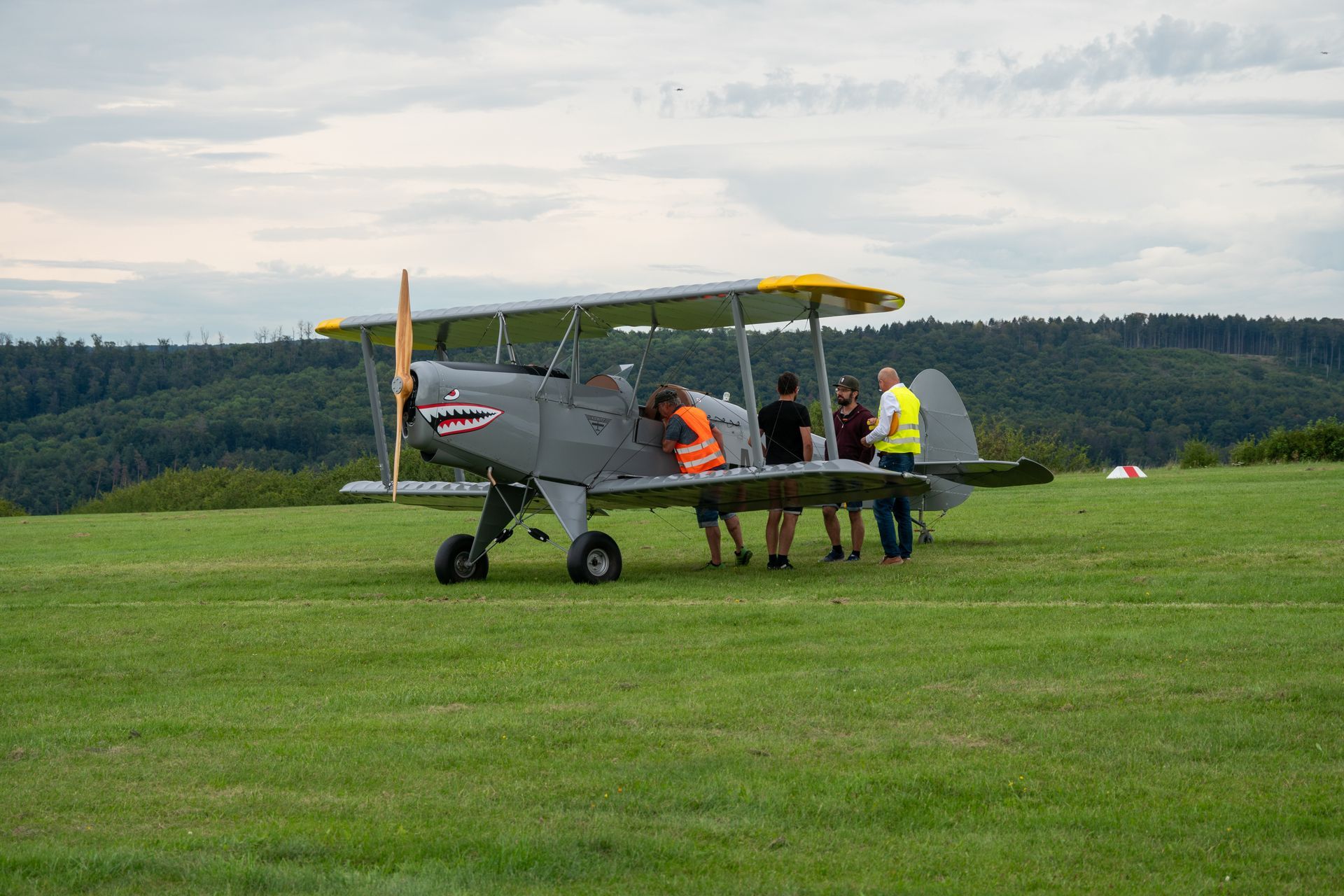 Graues Doppeldeckerflugzeug auf einem grasbewachsenen Feld; Menschen stehen in der Nähe. Grüne Bäume im Hintergrund, bedeckter Himmel.