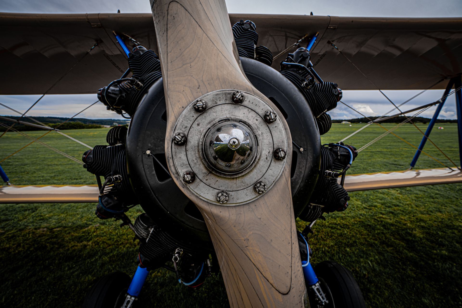Nahaufnahme des Motors und des Propellers eines Doppeldeckers; Holzpropeller, schwarzer Motor, blaue Streben, eingebettet in ein grasbewachsenes Feld.