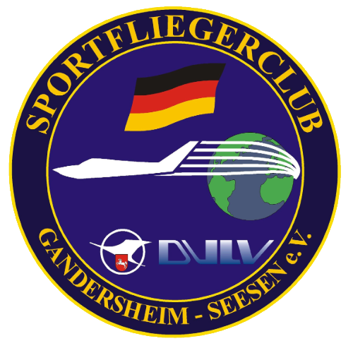 Vereinsemblem mit Flugzeugsilhouette, Deutschlandflagge, Weltkugel und „SPORTFLIEGERCLUB GANDERSHEIM – SEESEN eV“
