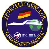 Logo des Sportfliegerclubs Gandersheim-Seesen eV mit Flugzeug, Globus, Deutschlandflagge und den Initialen „DULV“.