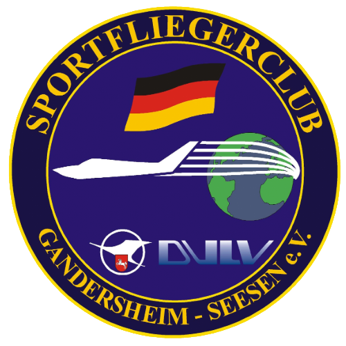Logo des Sportfliegerclubs Gandersheim-Seesen eV mit Flugzeug, Globus, Deutschlandflagge und den Initialen „DULV“.