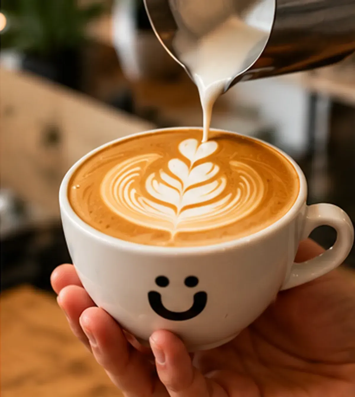 Un latte con arte latte en forma de hoja en una taza blanca con una cara sonriente, sostenida debajo de una jarra de leche