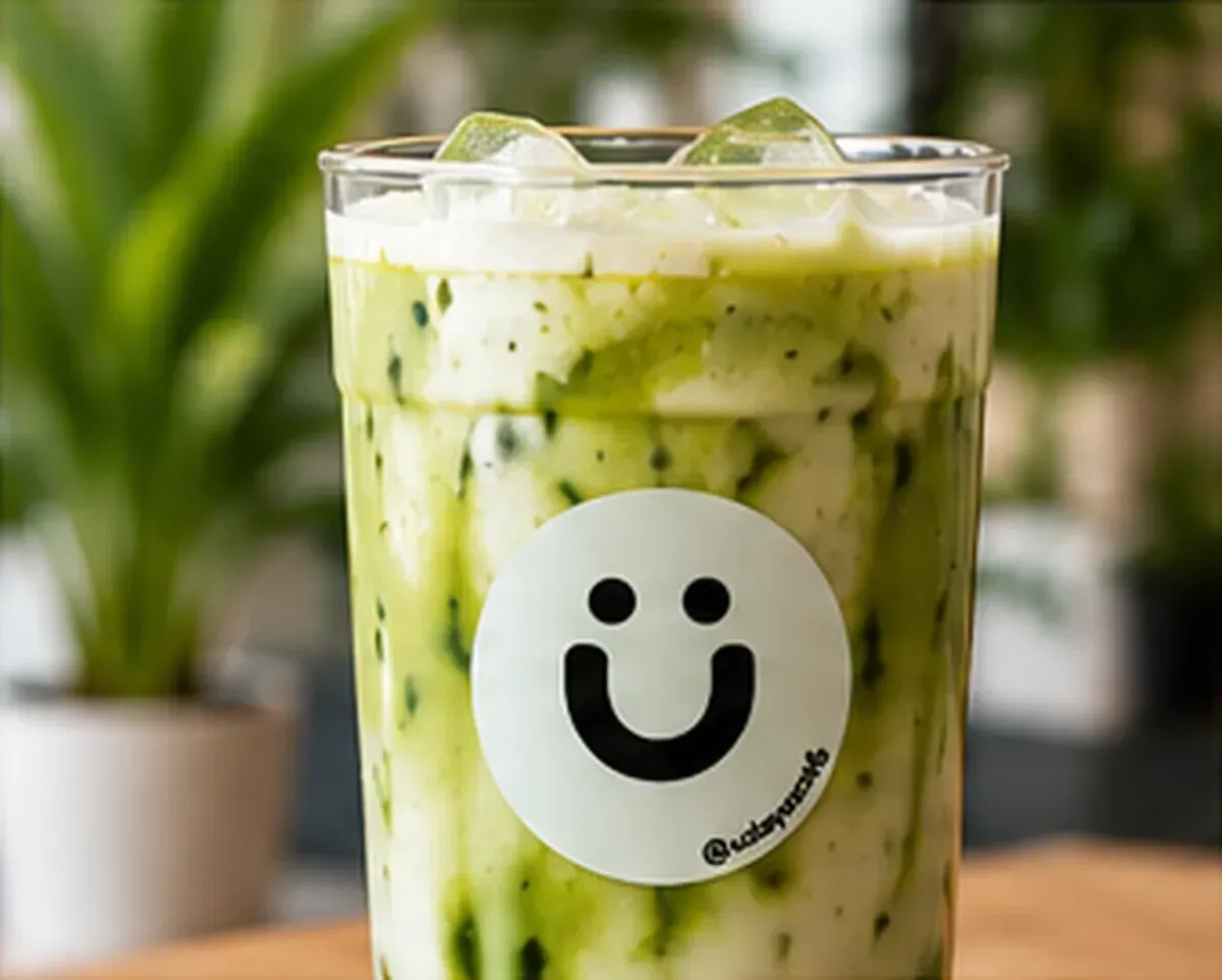 Bebida verde fría en un vaso transparente con un logo de una carita sonriente y crema batida por encima, sobre una mesa