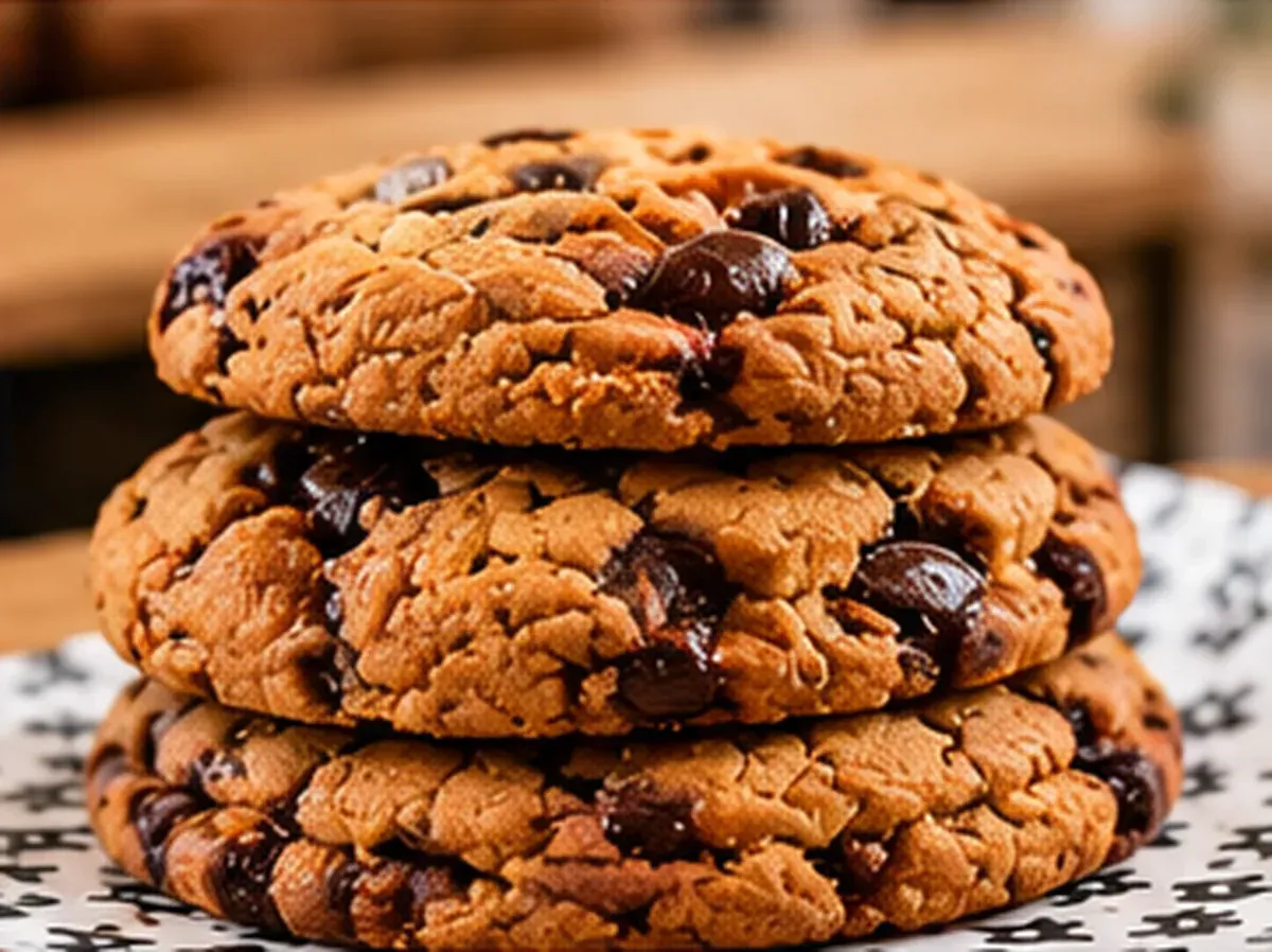 Montón de galletas con pepitas de chocolate en un plato, con un fondo cálido desenfocado