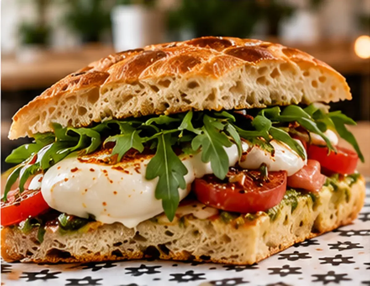 Sándwich de chapata con mozzarella, tomates y rúcula sobre una servilleta estampada