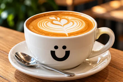 Taza de café blanco con arte latte y una carita sonriente, sobre un platillo con una cuchara en una mesa de madera.
