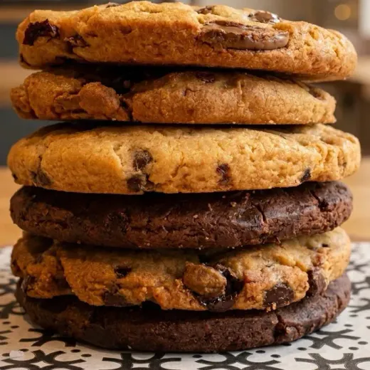 Montón de galletas con chispas de chocolate sobre un plato estampado, con un fondo cálido y desenfocado