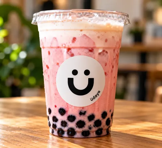 Té de burbujas rosa con perlas de tapioca negras en un vaso transparente sobre una mesa de madera, con un logotipo sonriente.