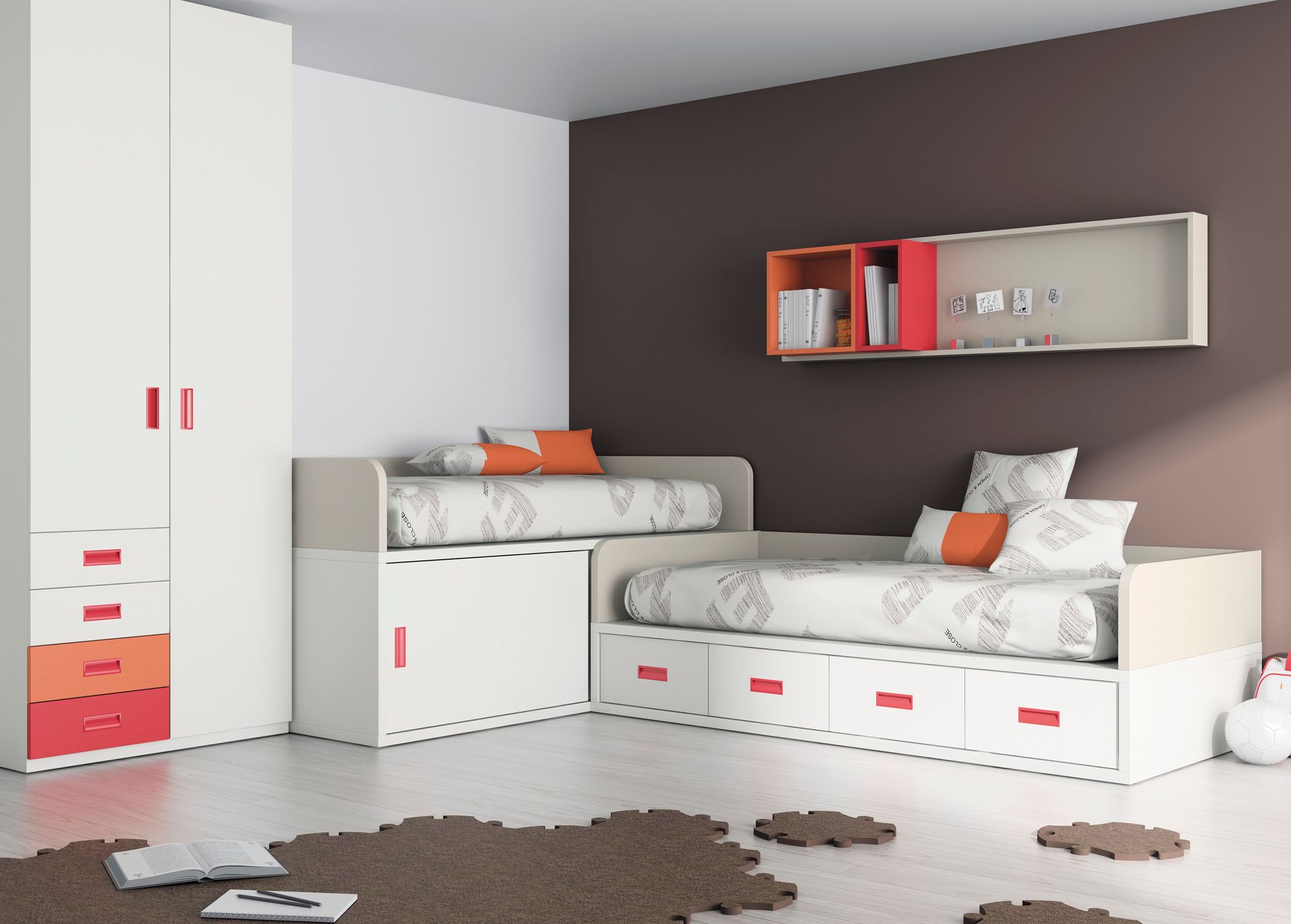 Dormitorio infantil moderno con muebles blancos, incluyendo una litera, un armario y estanterías. Detalles naranjas sobre una pared marrón.