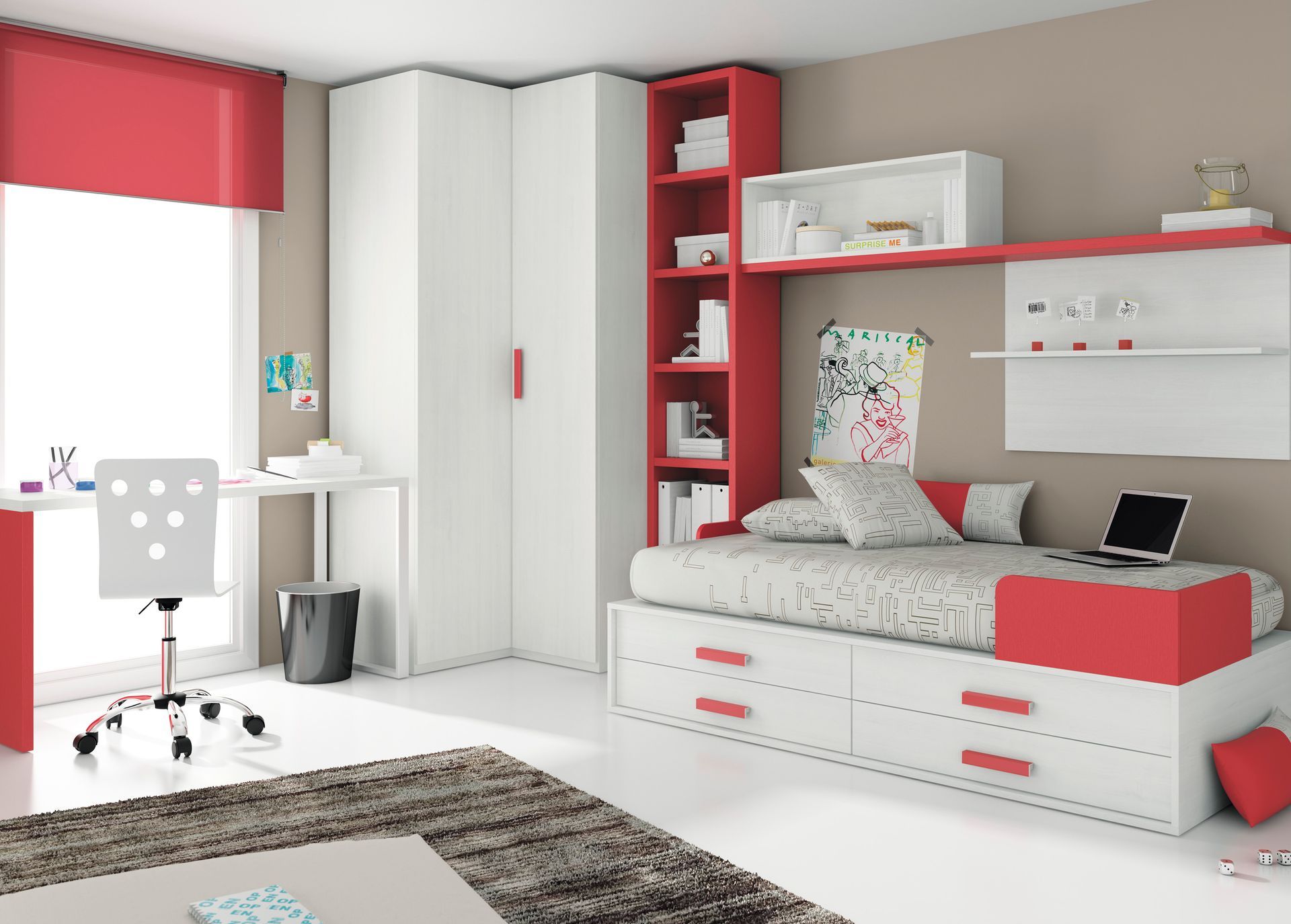 Dormitorio moderno con muebles rojos y blancos, que incluye cama, escritorio y armario.