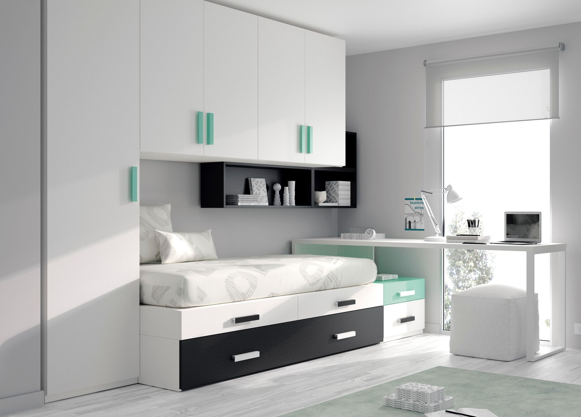 Dormitorio con cama, escritorio, armarios; detalles en blanco, negro y turquesa.