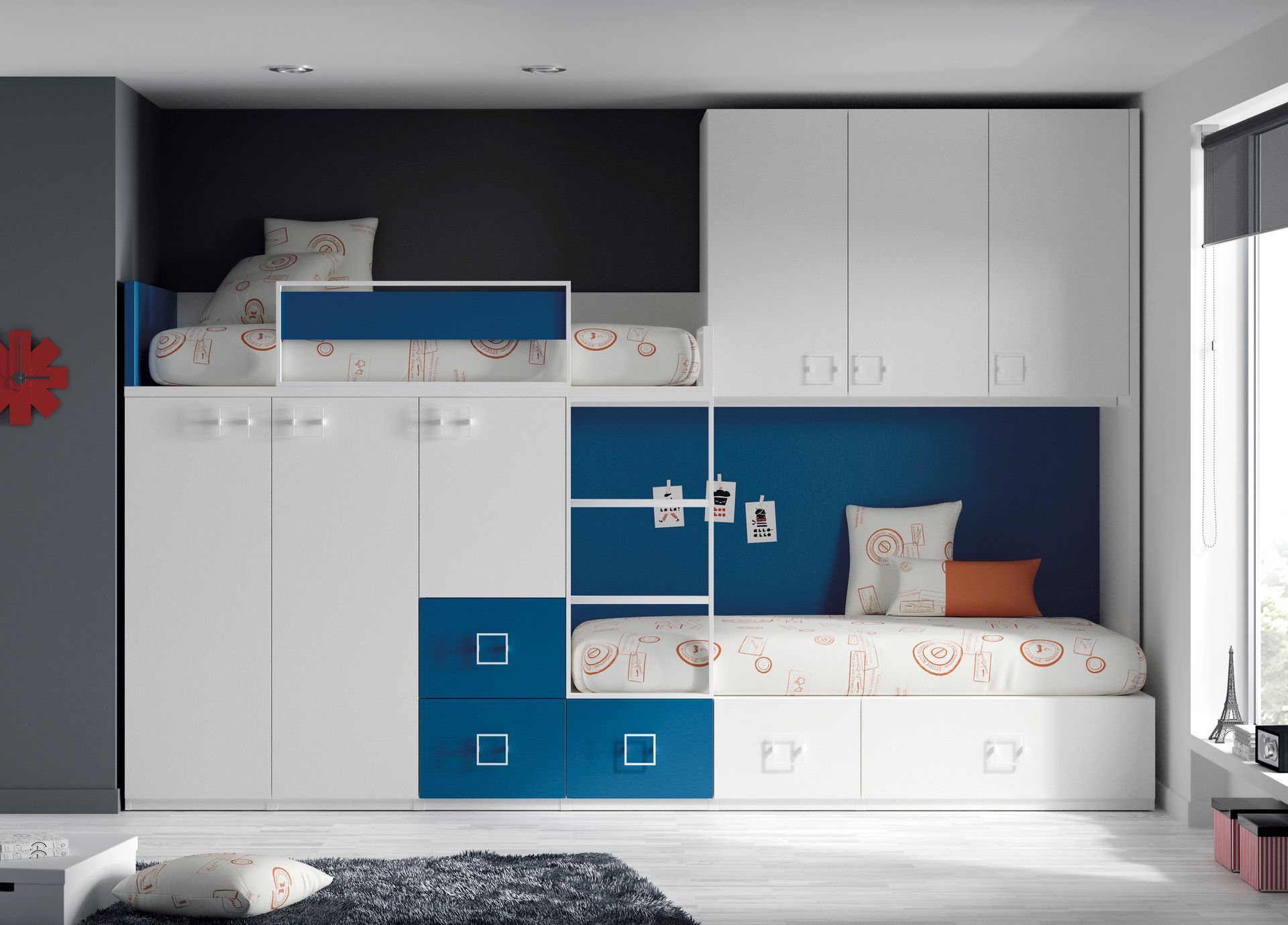 Litera azul y blanca con almacenaje integrado en un dormitorio moderno.