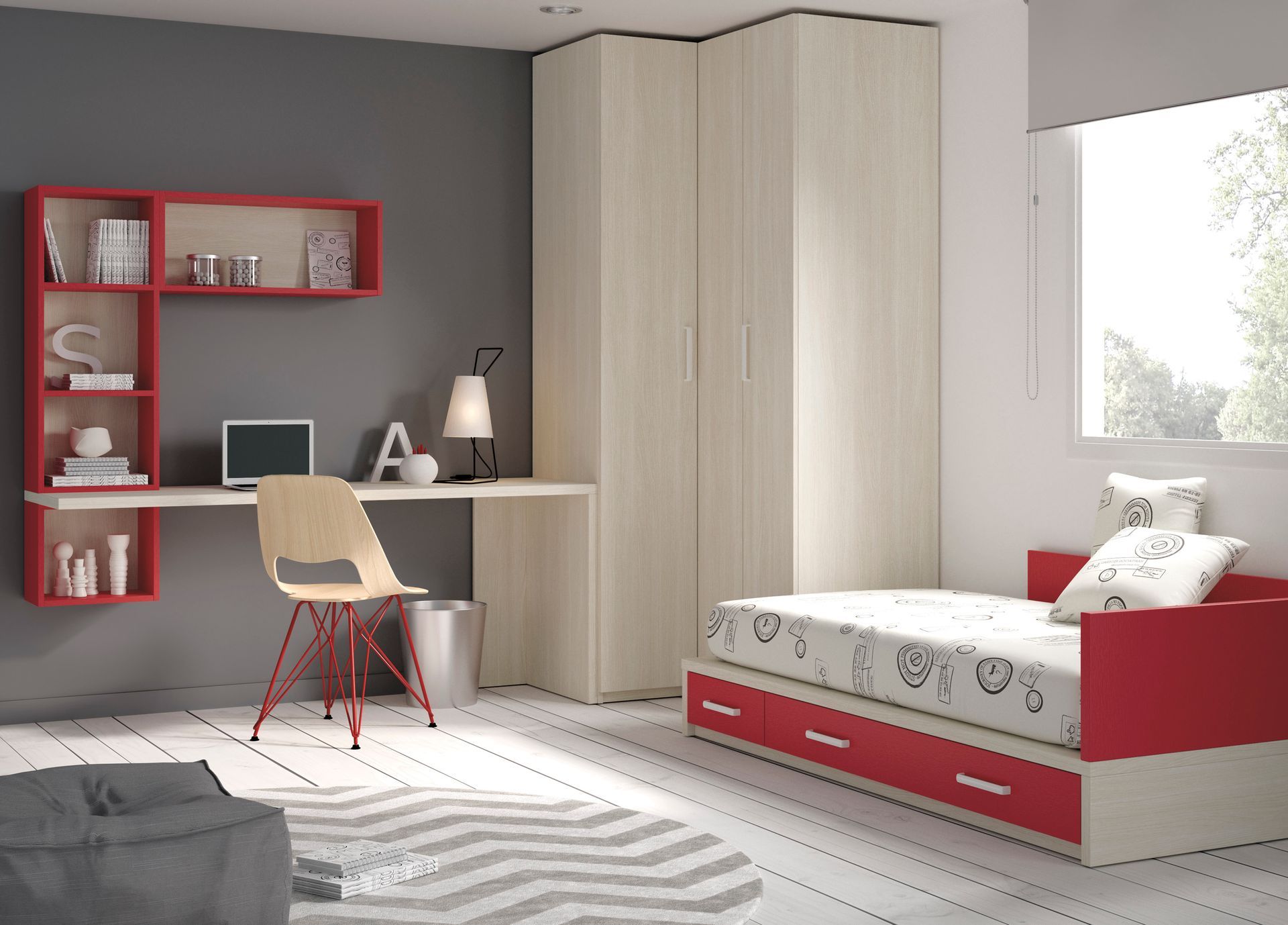 Dormitorio moderno con muebles rojos y blancos, escritorio, silla, cama y armario contra una pared gris y blanca.
