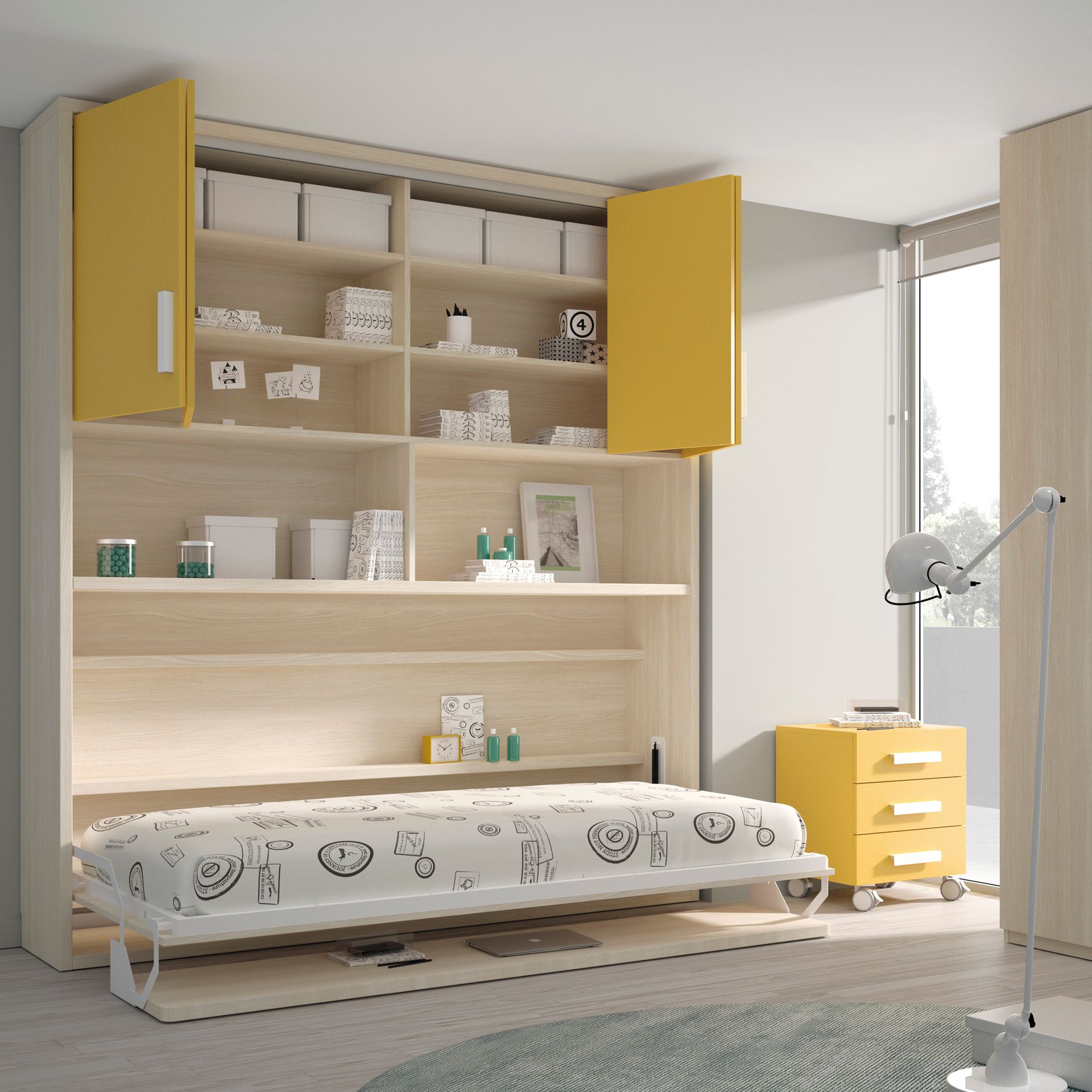 Dormitorio infantil con cama plegable y espacio de almacenaje, detalles en amarillo, mesita de noche y lámpara.