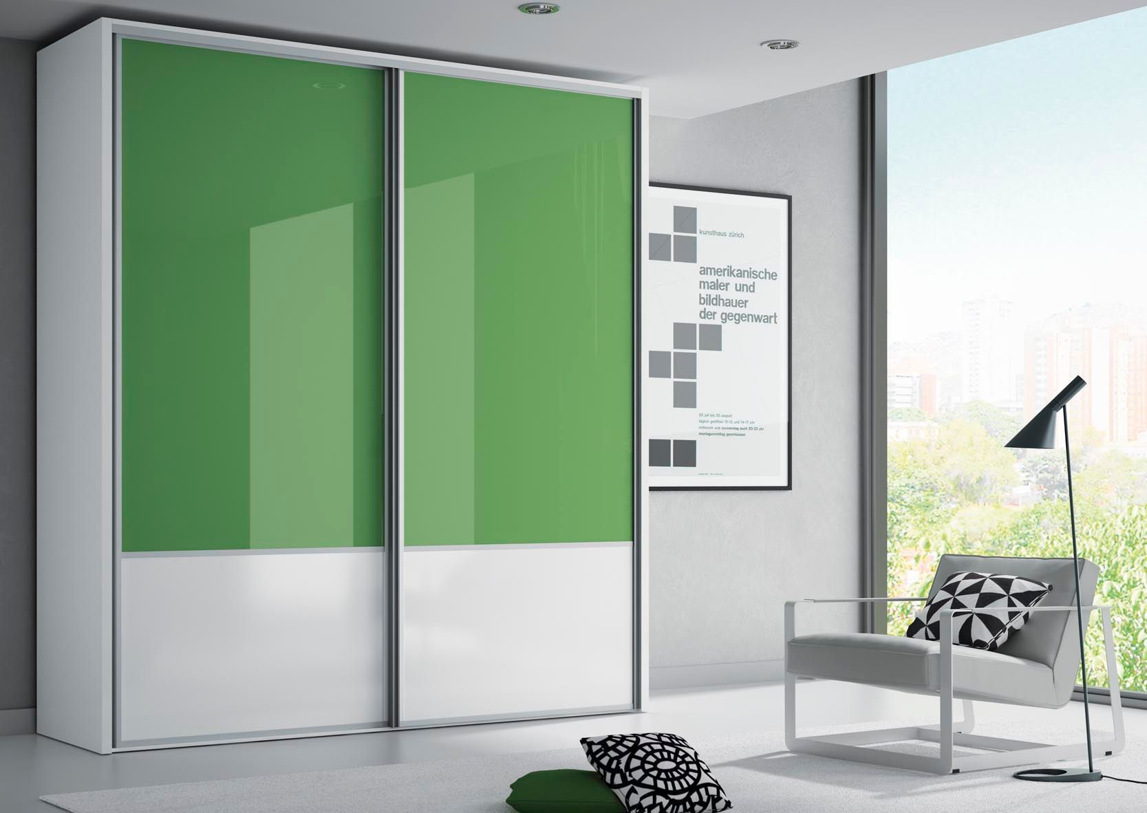 Armario con puertas correderas de color blanco y verde, en un interior moderno con silla, póster y ventana.