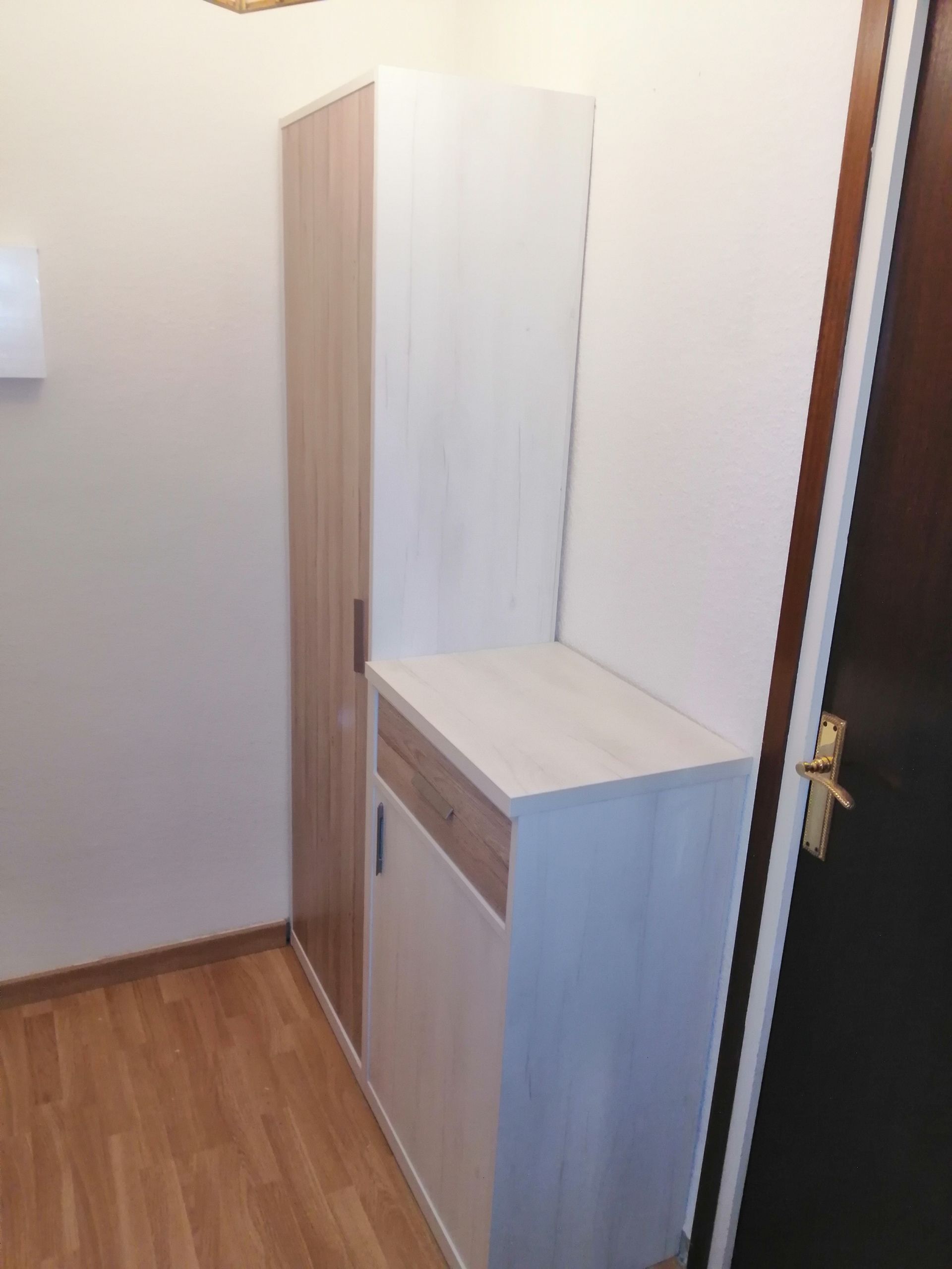 Armario alto de madera con puerta de madera clara junto a un mueble más pequeño con cajón.
