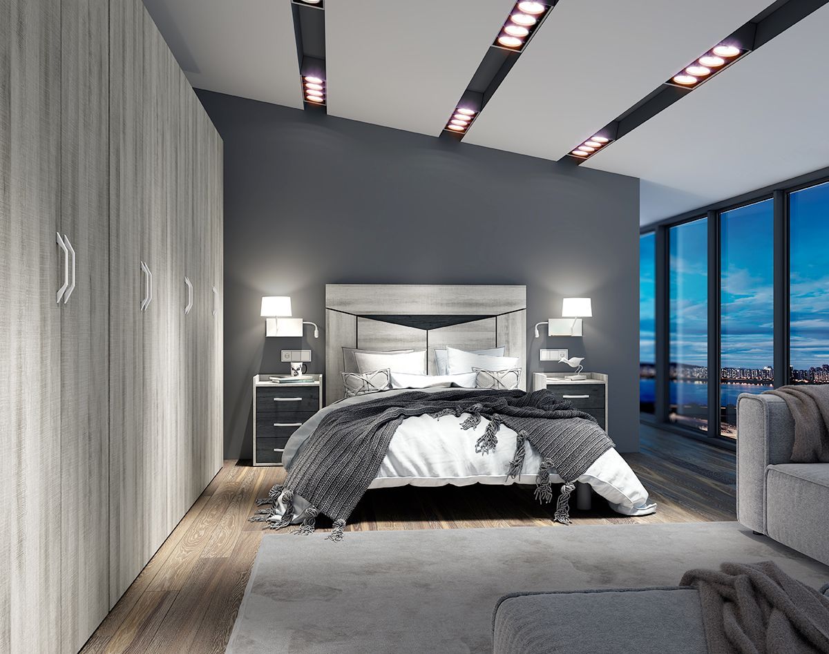 Dormitorio moderno con paredes grises, grandes ventanales, cama y armario.