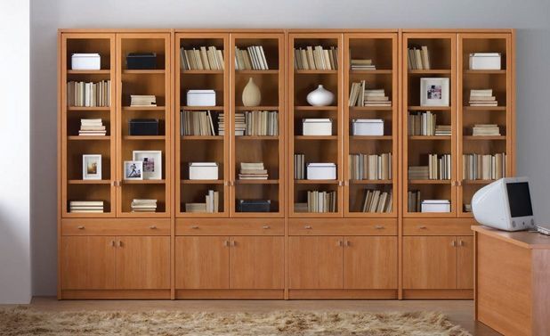 Librería de madera con puertas de cristal, llena de libros y objetos decorativos, en una habitación.
