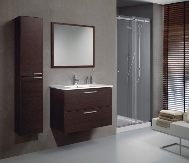 Baño moderno con muebles de color marrón oscuro, espejo y ducha.