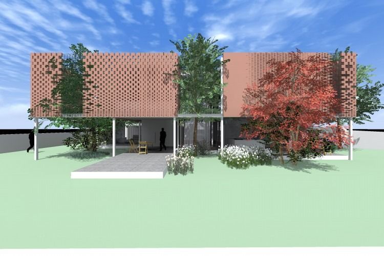 Una imagen generada por computadora de una casa con árboles frente a ella.