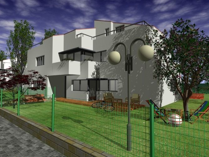 Una imagen generada por computadora de una casa con una valla alrededor.