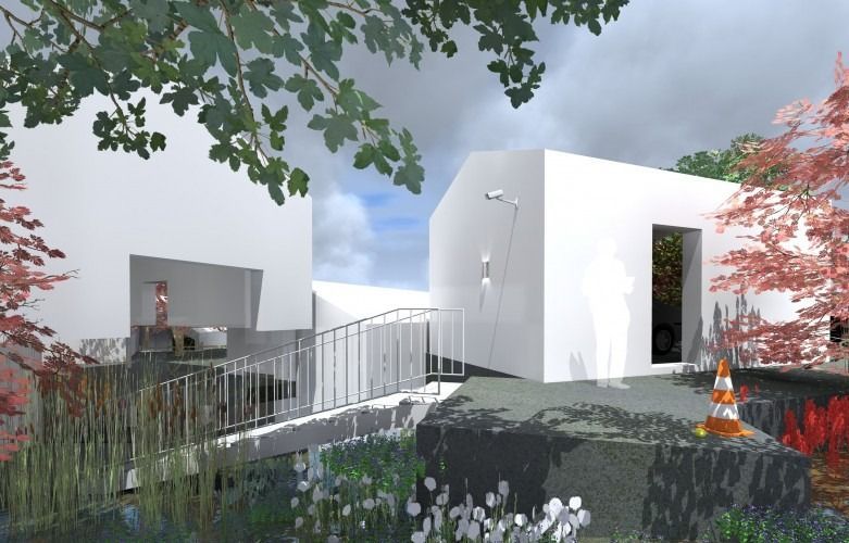 Impresión artística de una casa blanca con balcón.