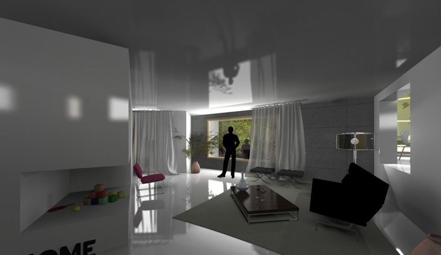 Un hombre está parado en una sala de estar con un cartel que dice 