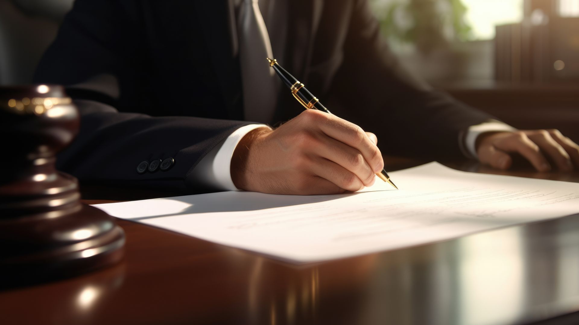 Ein Mann im Anzug schreibt mit einem Stift auf ein Blatt Papier.