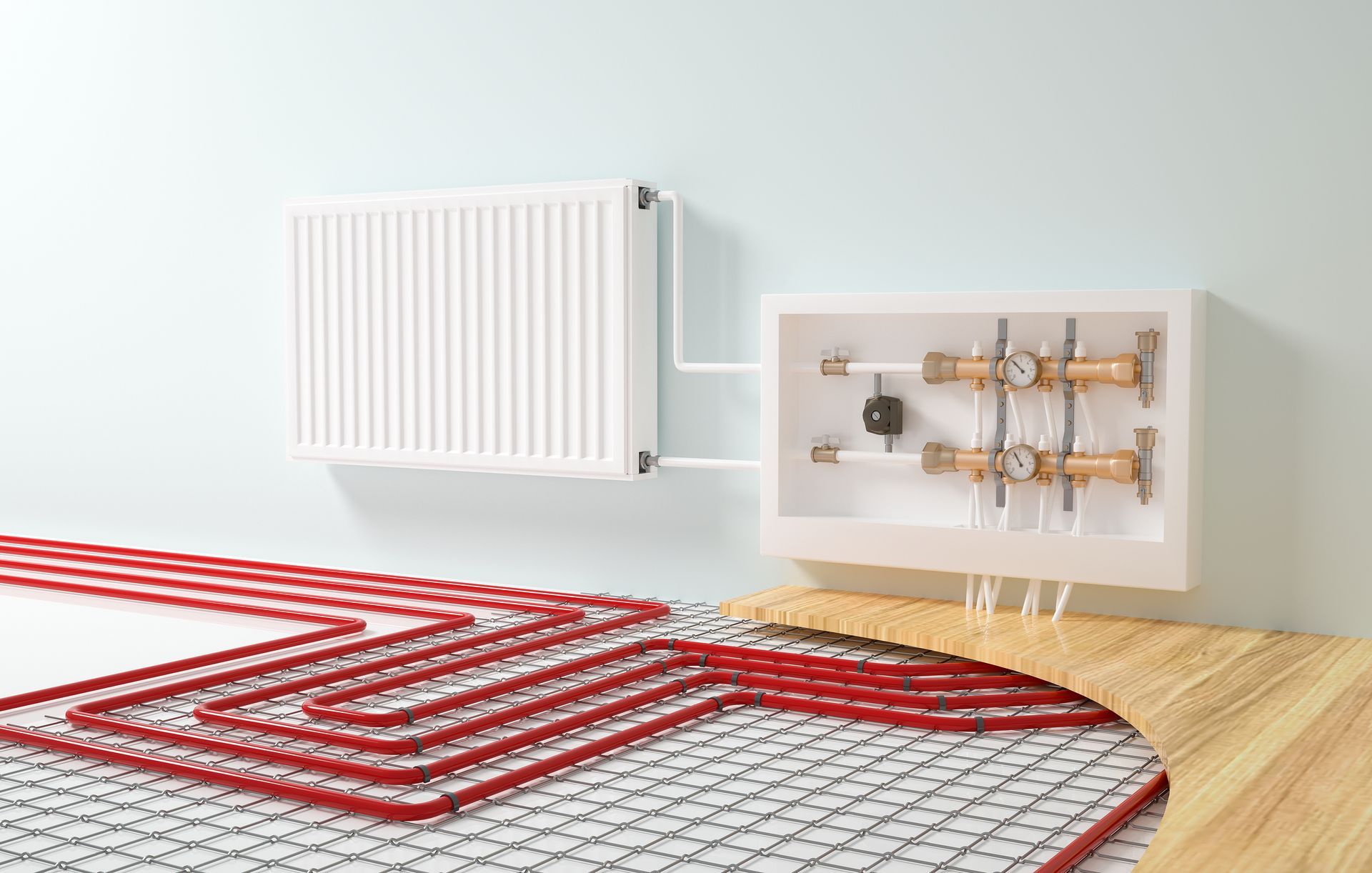 Un plancher chauffant et un radiateur reliés à un système de chauffage central.