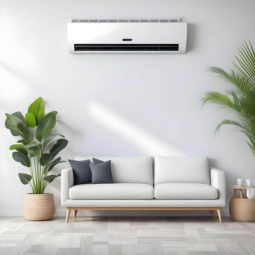 Un bloc intérieur de climatisation installé dans un salon au-dessus d'un canapé.
