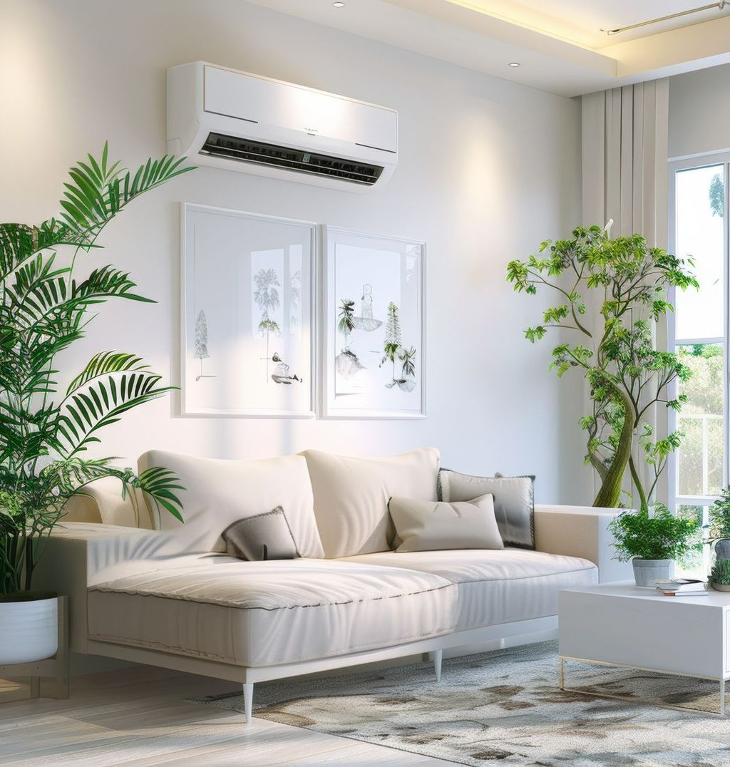 Un bloc intérieur de climatisation au dessus d'un canapé dans un salon moderne.