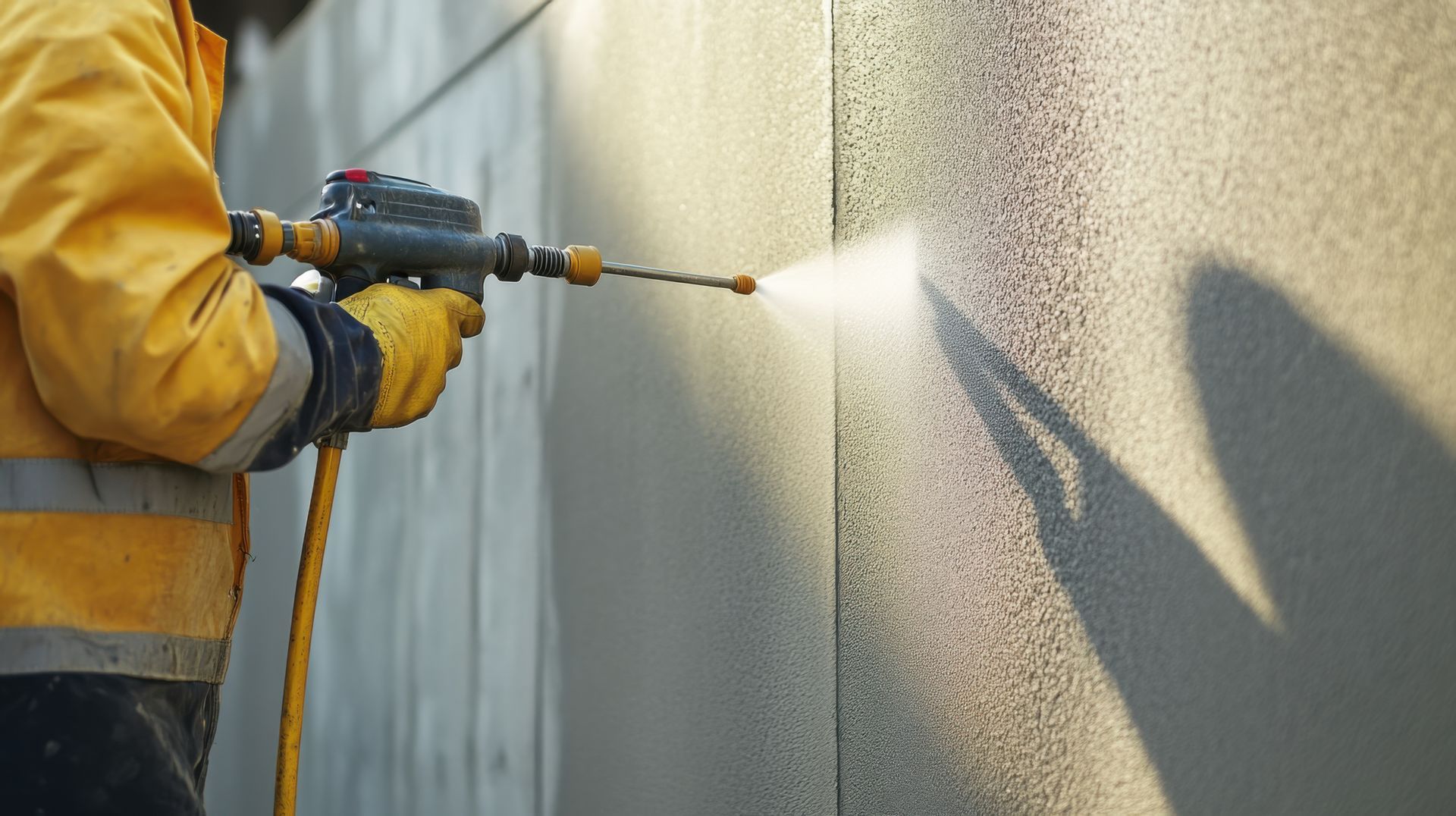 Une personne en veste jaune vaporise un mur gris texturé à l'aide d'un outil, créant ainsi une brume.