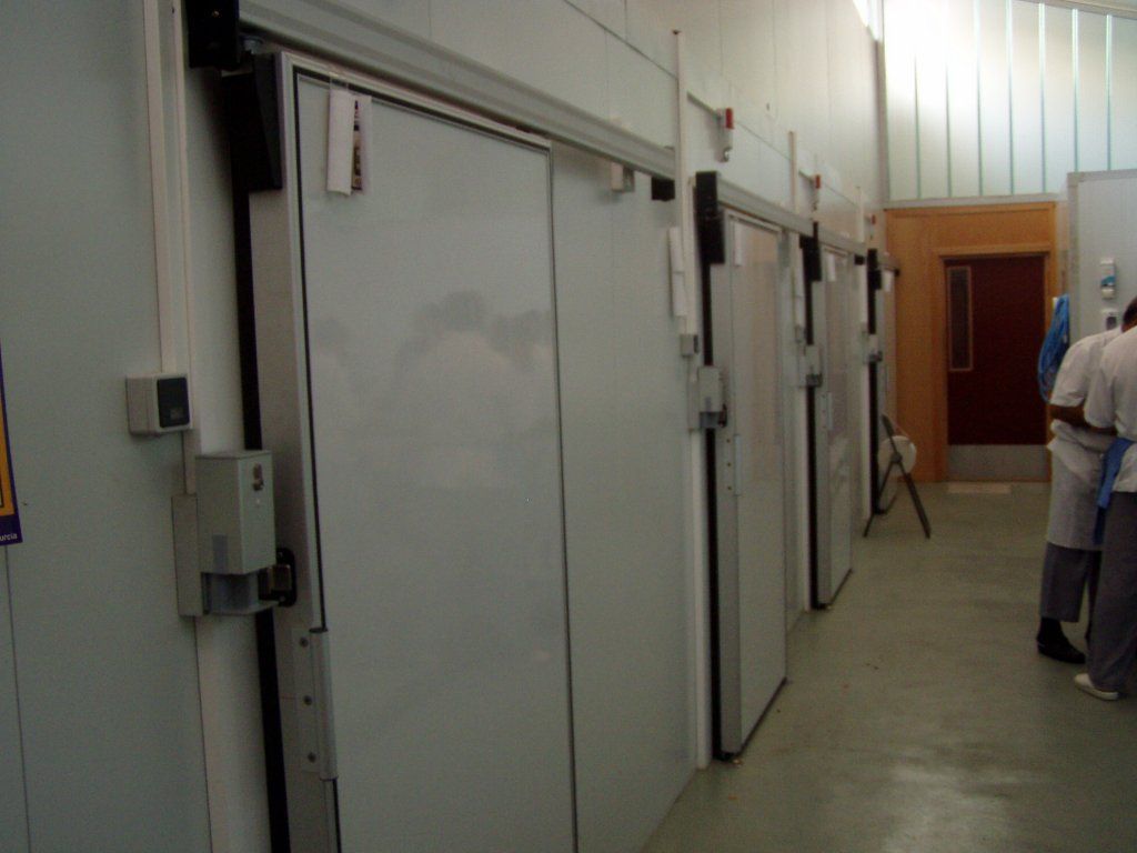 Una fila de puertas corredizas están alineadas en un pasillo.