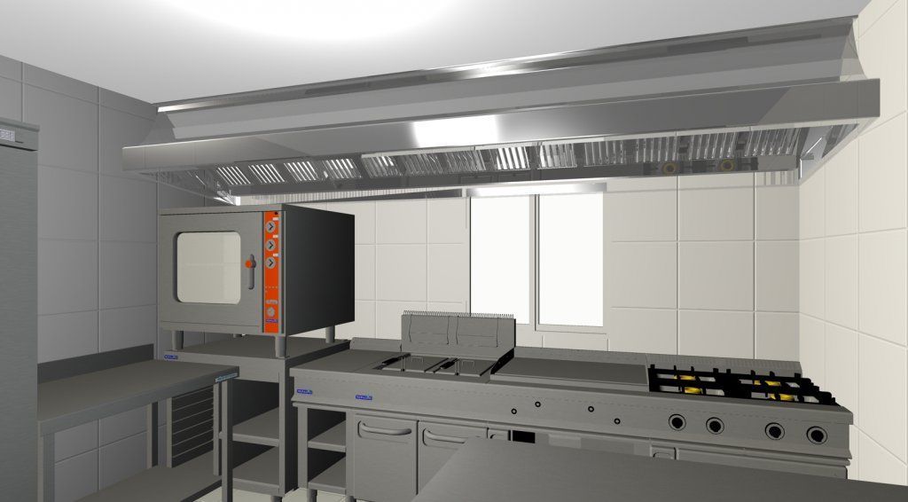 Una imagen generada por computadora de una cocina con electrodomésticos de acero inoxidable.