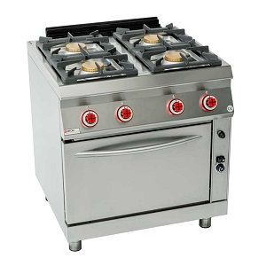 Una estufa de gas de acero inoxidable con cuatro quemadores y un horno.
