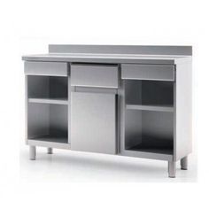 Un mostrador de acero inoxidable con cajones y estantes sobre fondo blanco.