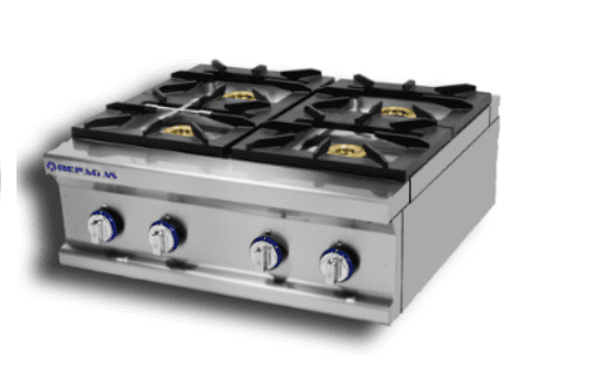 Una estufa de gas de acero inoxidable con cuatro quemadores.