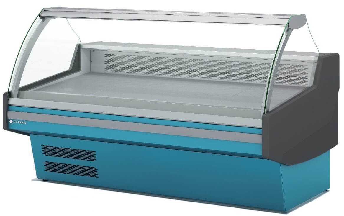 Un refrigerador azul y gris con puerta de vidrio.