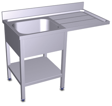 Un fregadero de acero inoxidable con un estante debajo.