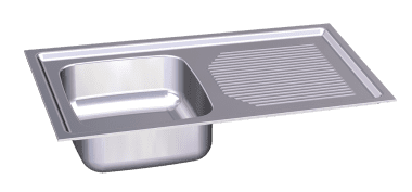 Un fregadero de cocina de acero inoxidable con escurridor sobre un fondo blanco.