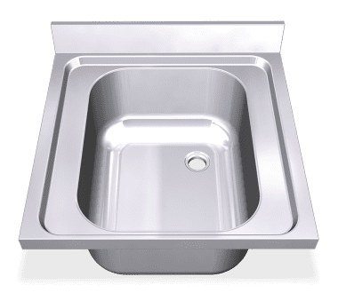 Un fregadero de acero inoxidable con orificio de drenaje sobre un fondo blanco.