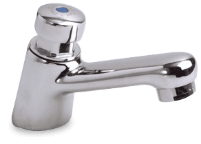 Un primer plano de un grifo cromado con manija azul.