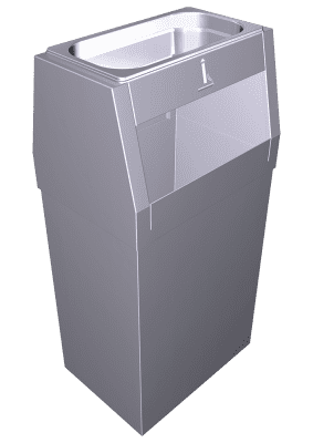 Un bote de basura de acero inoxidable con tapa sobre un fondo blanco.