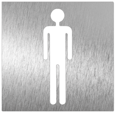 Un cartel de acero inoxidable con una figura de palo blanca sobre él.